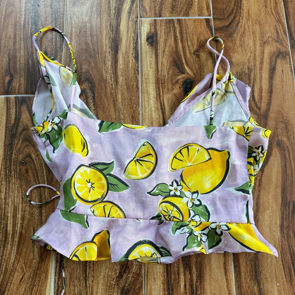 Zara Lemon Print Wrap Crop Top Lilac and Yellow Size M - Picture 6 of 6